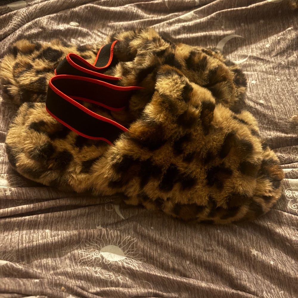 💕sling back leopard fur slippers